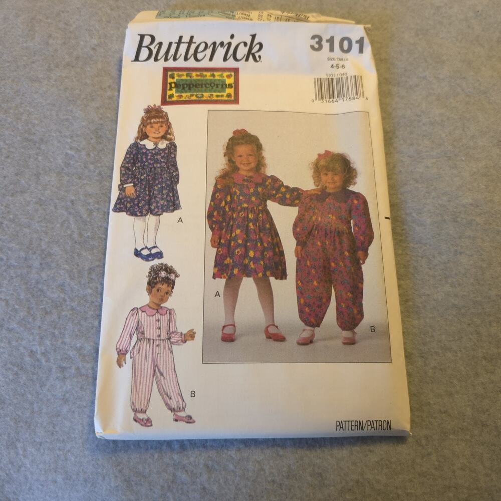 Butterick 3101 Girls Dress & Jumpsuit Sewing Pattern Size 4‑6 Vintage 1980s‑90s‎